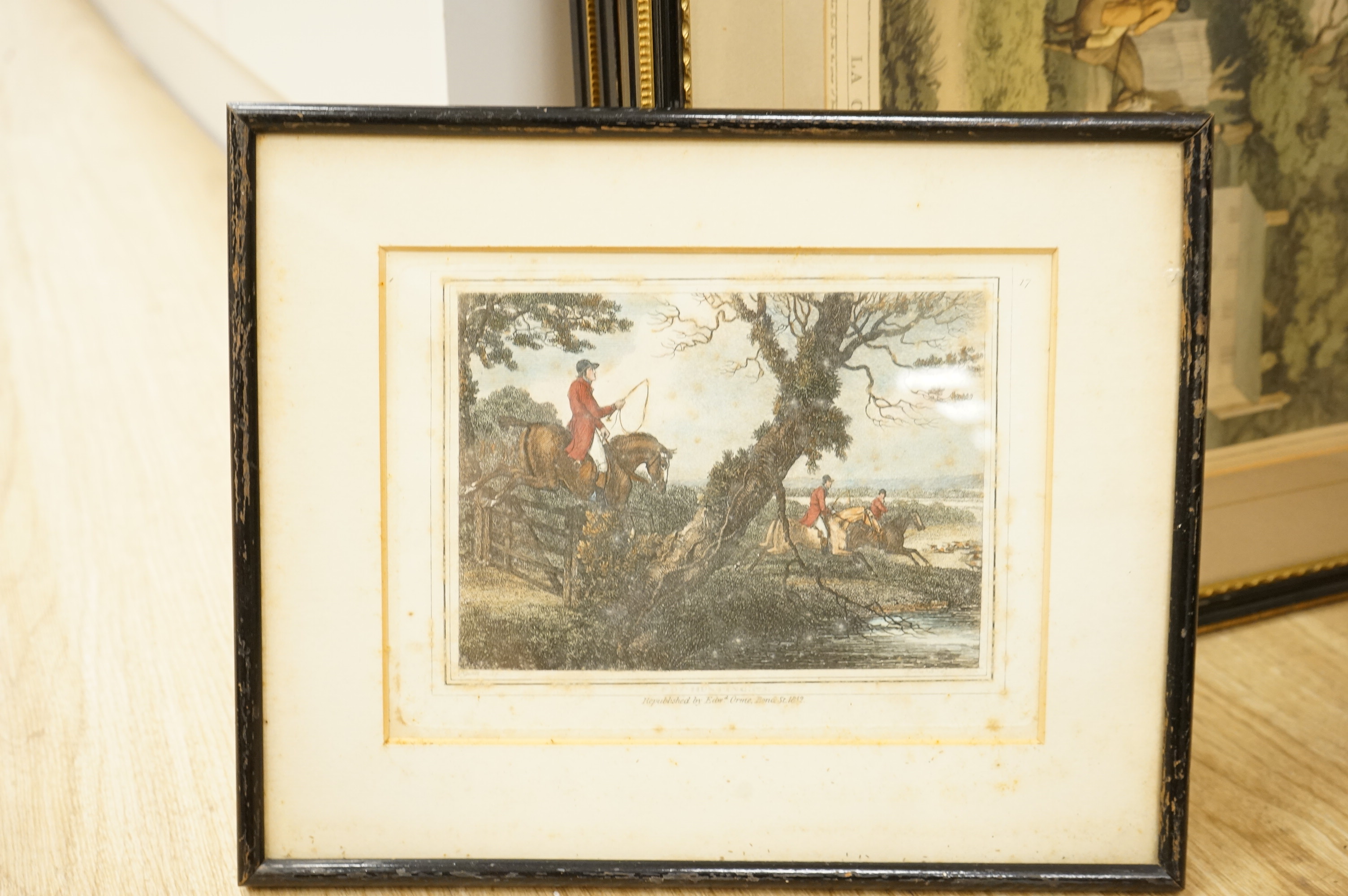 After Samuel Howitt (1756-1822), Fox hunting scenes, set of four colour prints, together with a set of five smaller examples after the same artist, largest 32 x 44cm